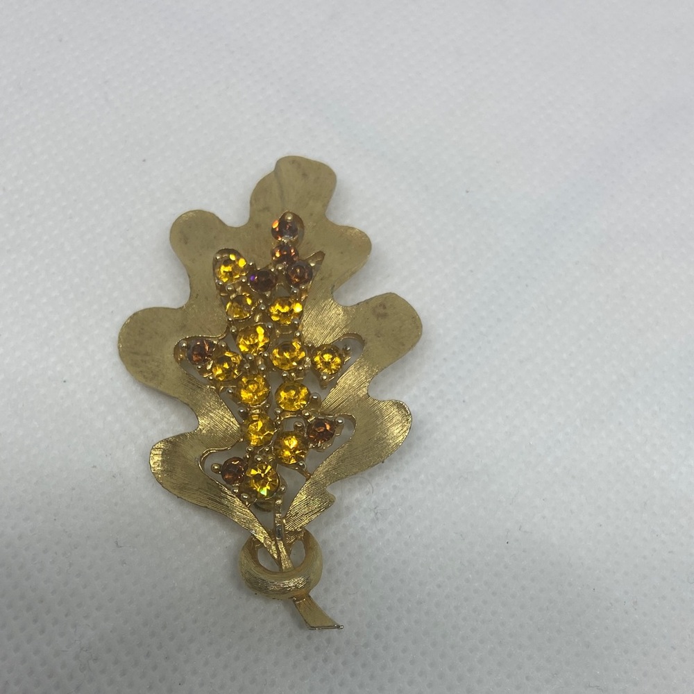 Gold Leaf Brooch with Yellow Crystal Accents